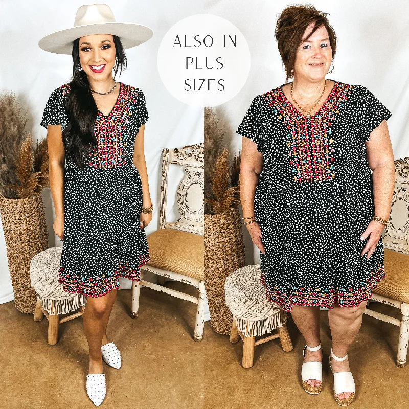Last Chance Size Small | Looking Good Feeling Better Spotted Dress with Colorful Embroidery in Black