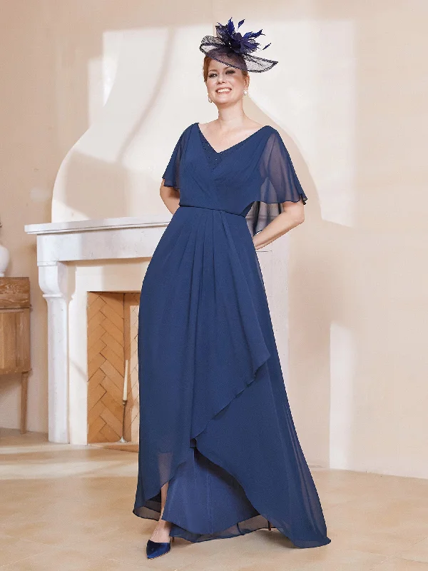 V-neck Flutter Sleeves Asymmetrical Dress Dark Navy