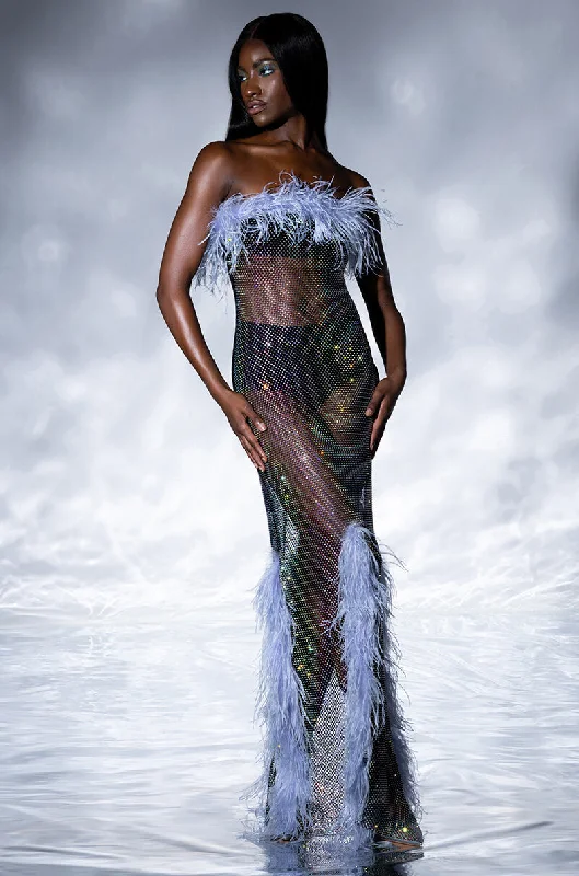 VIOLETTE RHINESTONE MESH FEATHER COLUMN DRESS