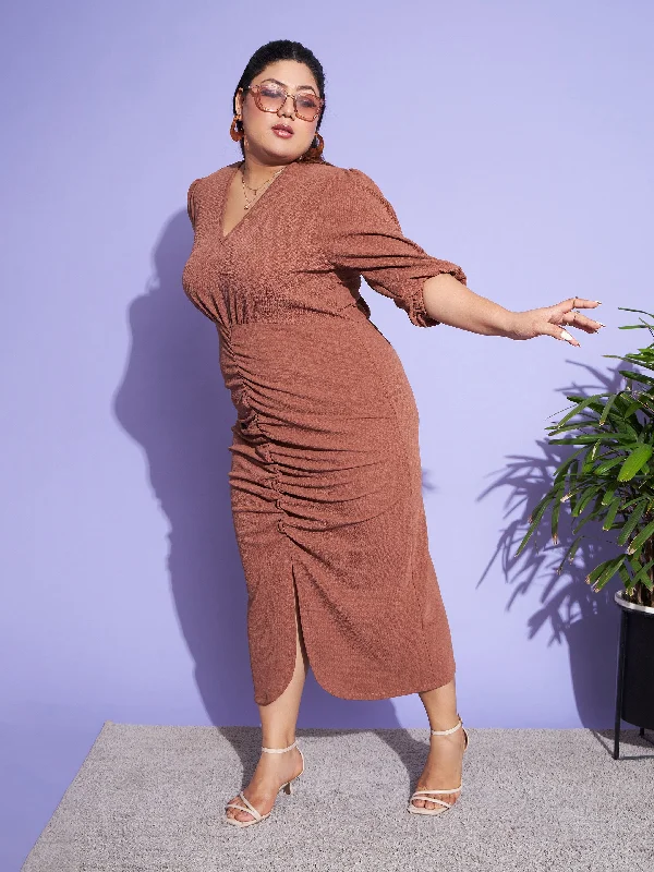 Women's Brown Solid Front Ruched Dress - SASSAFRAS