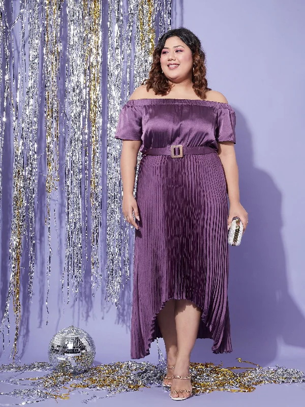 Women's Purple Satin Accordion Pleats Bardot High Low Belt Dress - SASSAFRAS