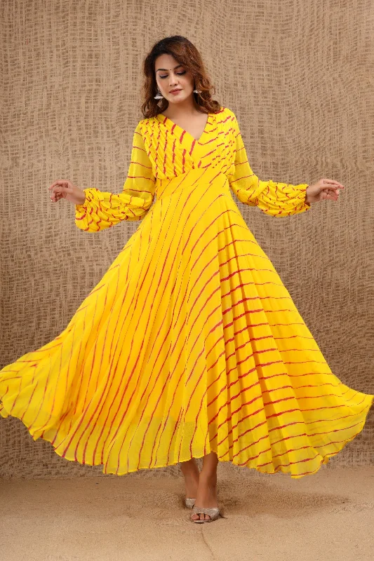 Women's Balika Leheriya Yellow Dress With Cotton Lining - Saras The Label