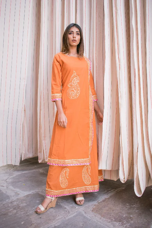 Women's Single-Piece Orange Cotton Dress With Hand Block Printed Motifs. - Saras The Label
