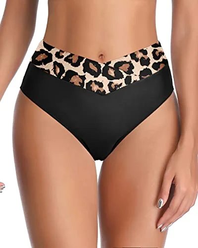 Moderate Coverage Cheeky Bikini Bottom High Cut Tankini Brief-Black Leopard Two-tone bikini, Bold, Stylish, Trendy
