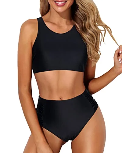 Women's Sporty Crop Top Bikini With Bottom For Teen Girls-Black Ruched bikini, Chic, Trendy, Comfortable
