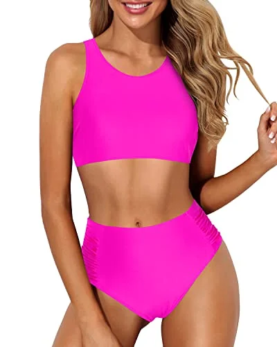 Sporty High Waisted Two Piece Bikini Set For Teen Girls-Neon Pink String bikini, Minimalist, Sexy, Comfortable