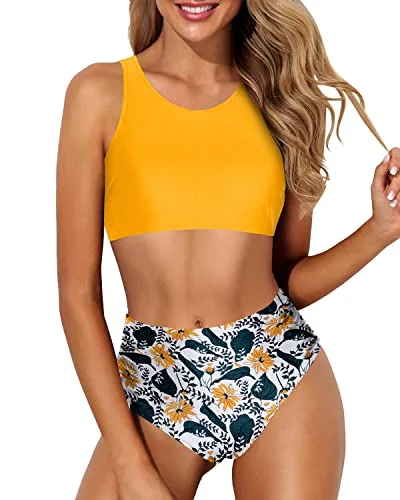 Crop Top Racerback Two Piece Bikini Set For Women-Yellow Floral Back tie bikini top, Adjustable, Trendy, Sexy