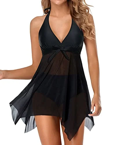 Mesh Bathing Suit Dress With High Waist Bikini Bottoms For Women-Black Bikini with metallic accents, Glamorous, Sexy, Trendy