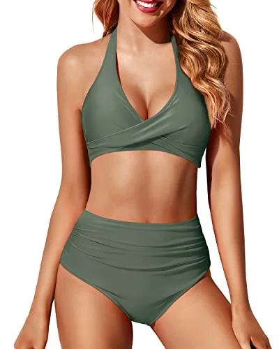 Twist Front Halter Bikini Set With High Waisted Bottoms For Women-Olive Green Crochet bikini, Boho style, Trendy, Sexy