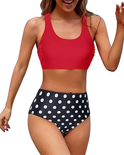 High Cut Legs Women High Waisted Two Piece Bikini-Red Dot V-neck bikini, Sexy, Chic, Comfortable
