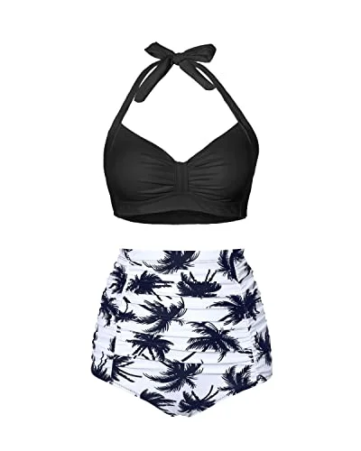 Retro 50S Sweetheart Neckline High Waisted Bikini Set-Black Palm Tree Adjustable bikini, Custom fit, Comfortable, Chic