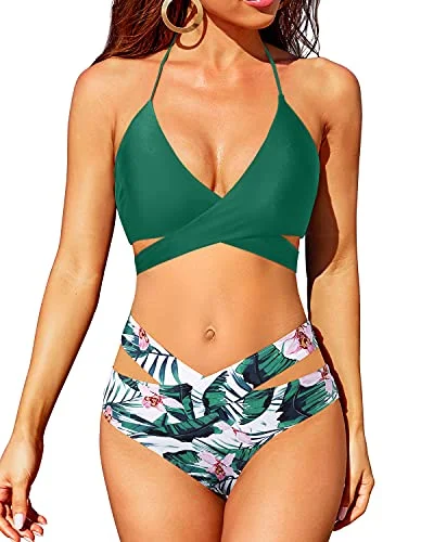 Crossed V Shaped Waist High Leg 2 Piece Bikini Set For Women-Green Tropical Floral Bikini with cutouts, Sexy, Trendy, Fashionable