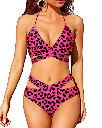 High Waisted Bikini 2 Piece Push Up Halter Wrap Criss Cross Bathing Suit-Hot Pink Leopard Bikini with ruffles, Feminine, Chic, Trendy