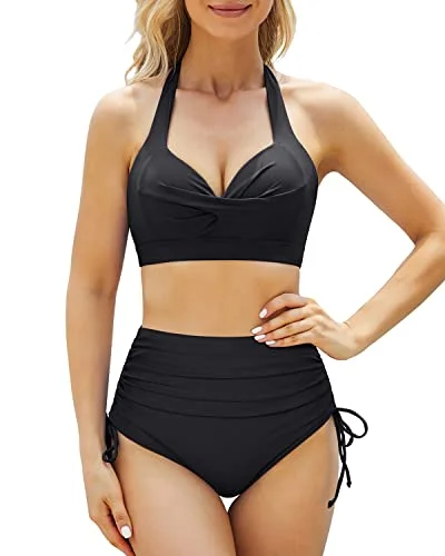 Two Piece Retro Halter Tummy Control High Waisted Bikini For Women-Black Triangle top bikini set, Comfortable, Sexy, Trendy